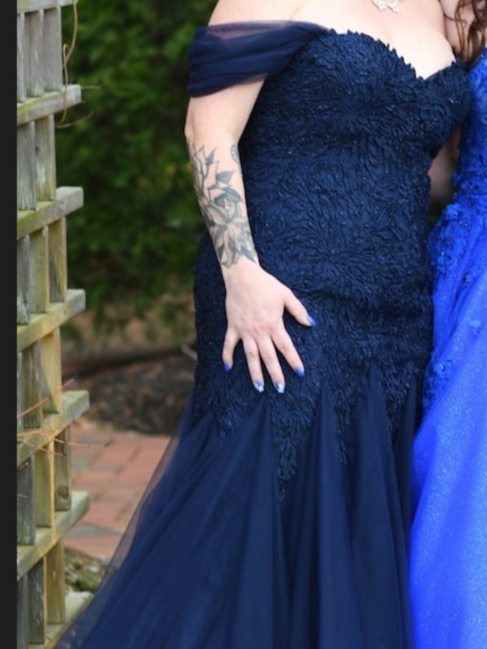 Montage by Mon Cheri Navy Blue Beaded Lace Off Shoulder Formal Gown 14